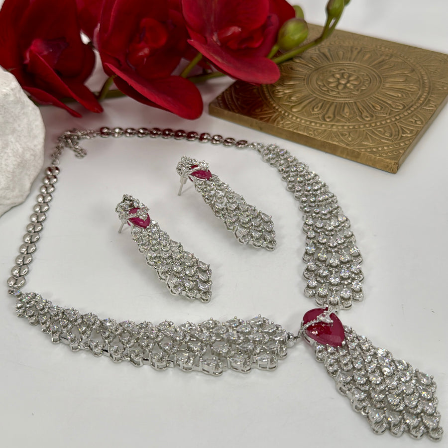 Ruby AAA Cut Cubic Zirconia Rhodium Plated Necklace Set