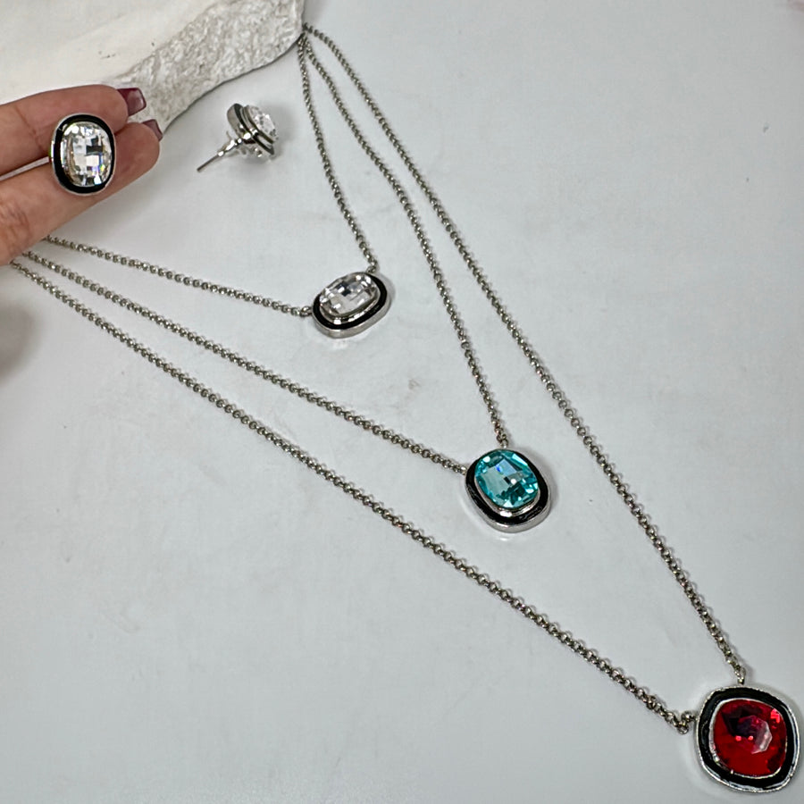 Multi Red Swarovski Crystal Three Layer Necklace Set