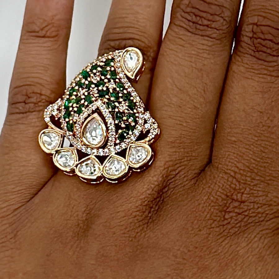Green Invisible Setting & Polki Kundan Adjustable Finger Ring