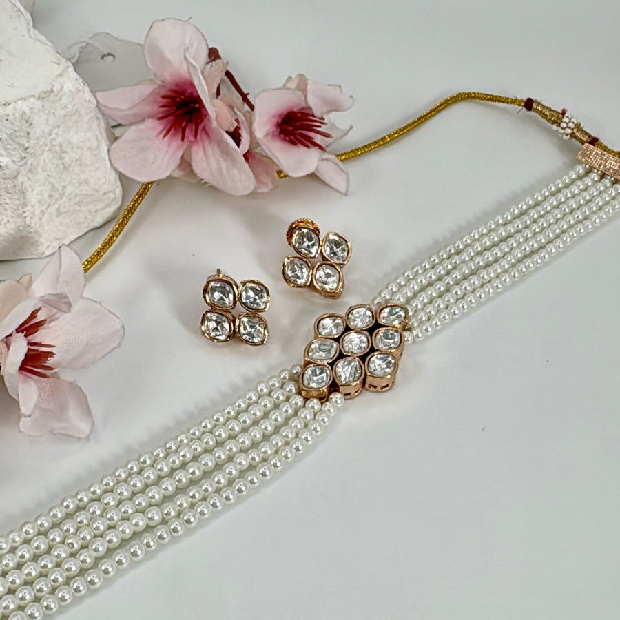 White Clear Pearl & Moissanite Dainty Choker Necklace Set