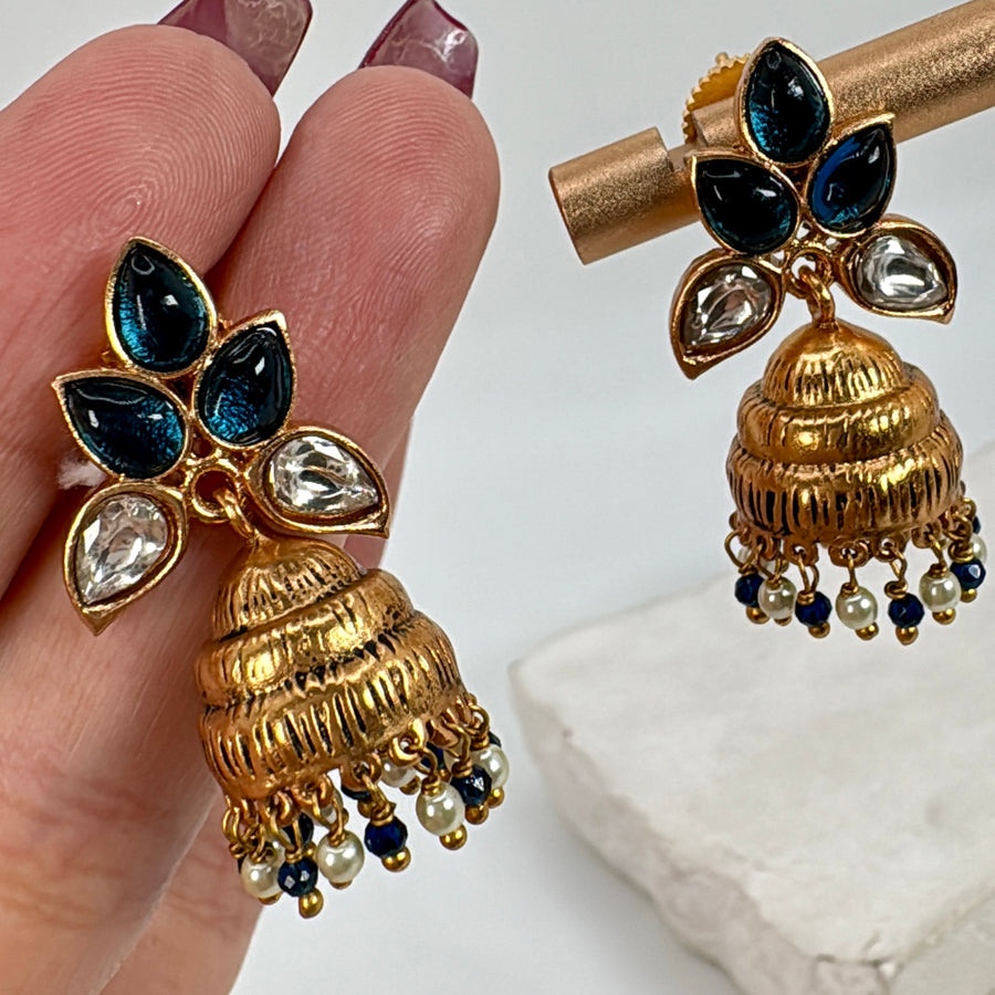 Blue Apala Inspired Dainty Kundan Jhumka Earrings