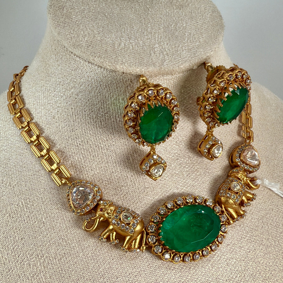 Green Doublet Moissanite Dainty Elephant Necklace Set