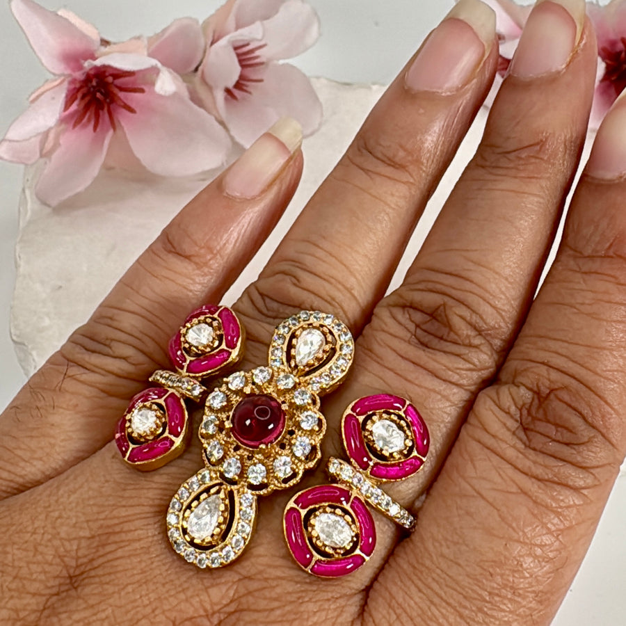Ruby Enamel Meenakari Moissanite Kundan Adjustable Two Finger Ring