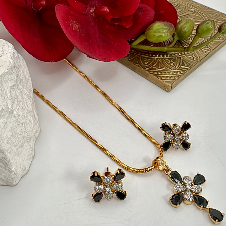Black AAA Cut Cubic Zirconia 24 Carat Gold Plated Pendant Necklace Set