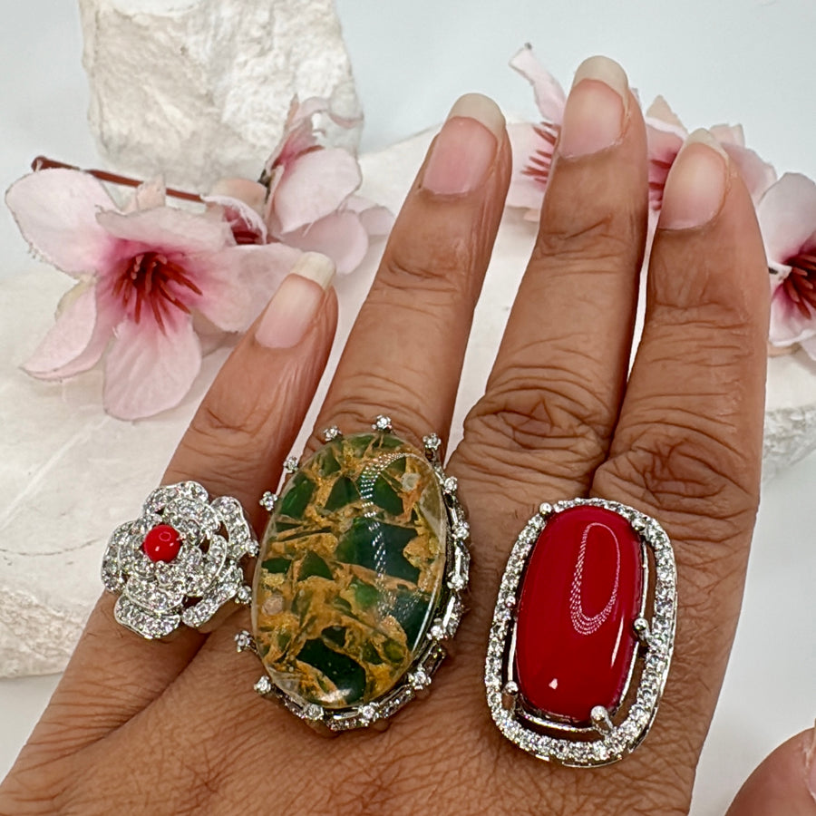Red & Multi Marble Stone  & American Diamonds Flower Adjustable Finger Ring