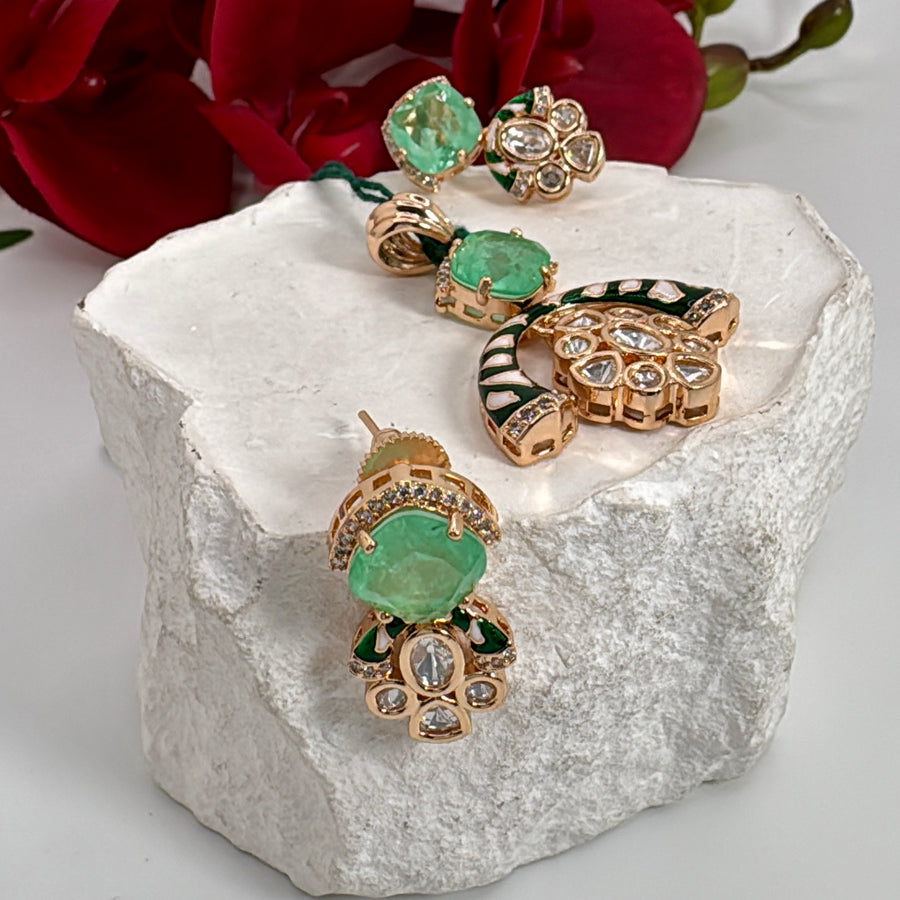 Mint Doublet With Green Meenakari Polki Pendant Set