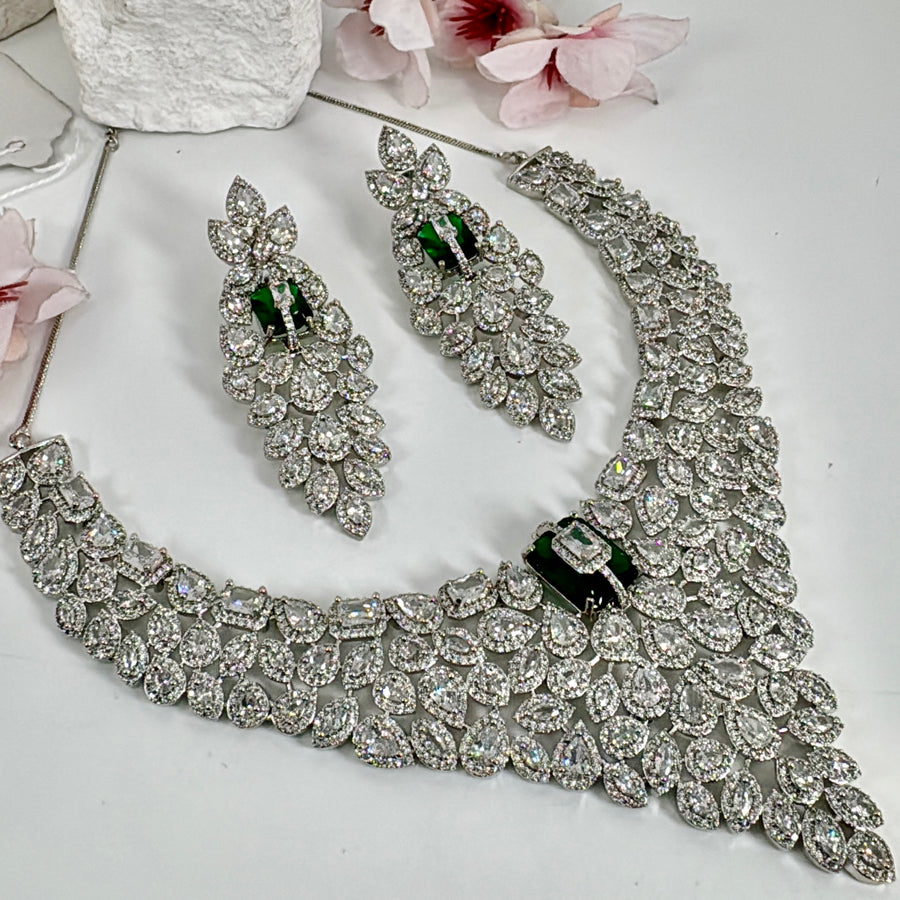 Green American Diamonds Cubic Zirconia Statement Necklace Set