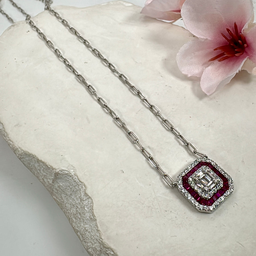 Ruby Italian Cubic Zirconia American Diamond Pendant Necklace