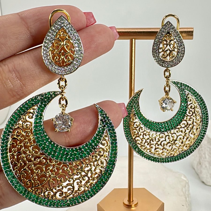 Green Dual Tone American Diamonds Moon Chandbali Earrings