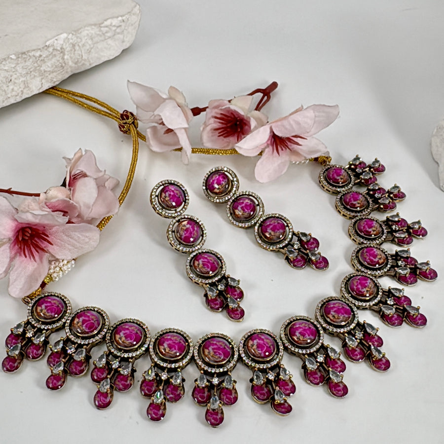 Hot Pink Marble Stone Metallic Doublets Necklace Set