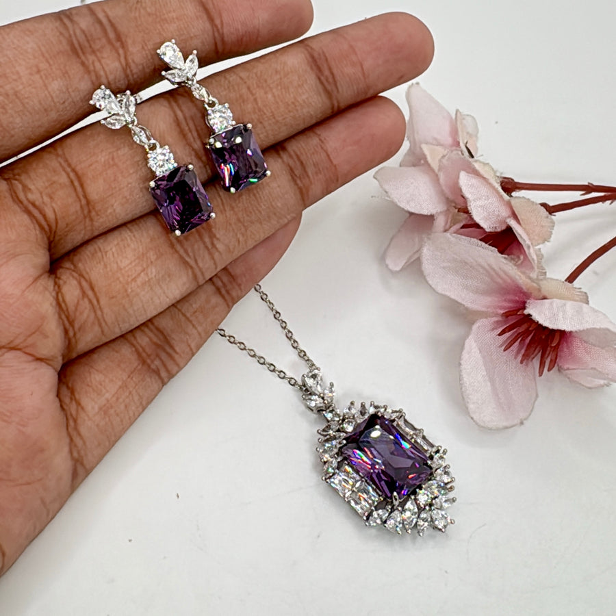 Purple Italian Cubic Zirconia Pendant Necklace Set