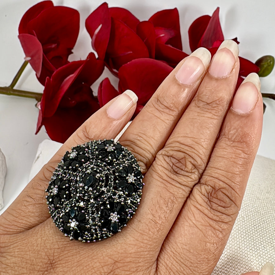 Black Cubic Zirconia Adjustable Finger Ring