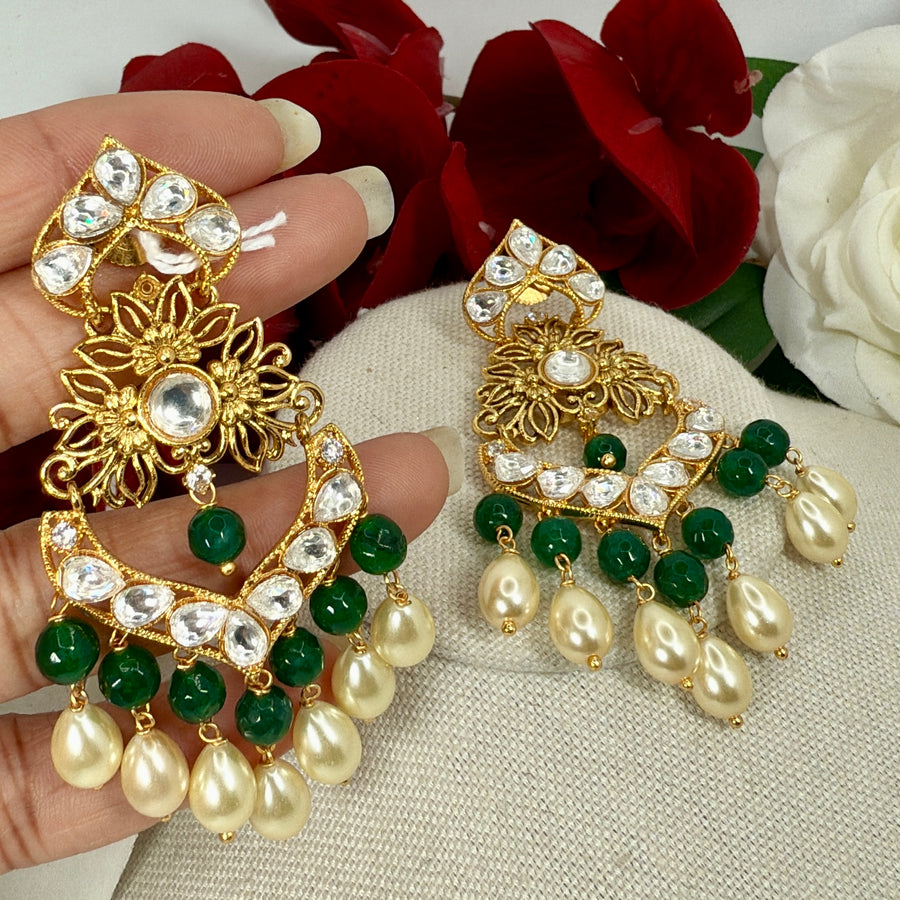 Green Pearl Chand Bali Earrings