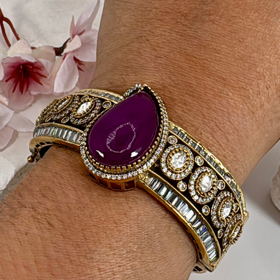Purple Doublet Moissanite & Baguette Diamonds Openable Bangle(Fits Size 2.2-2.6)