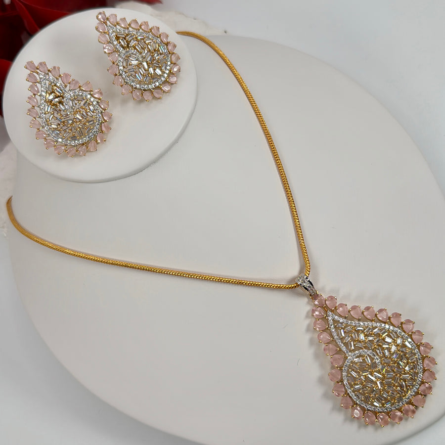 Pink AAA Cut Cubic Zirconia With 24 Carat Gold Plating Pendant Necklace Set