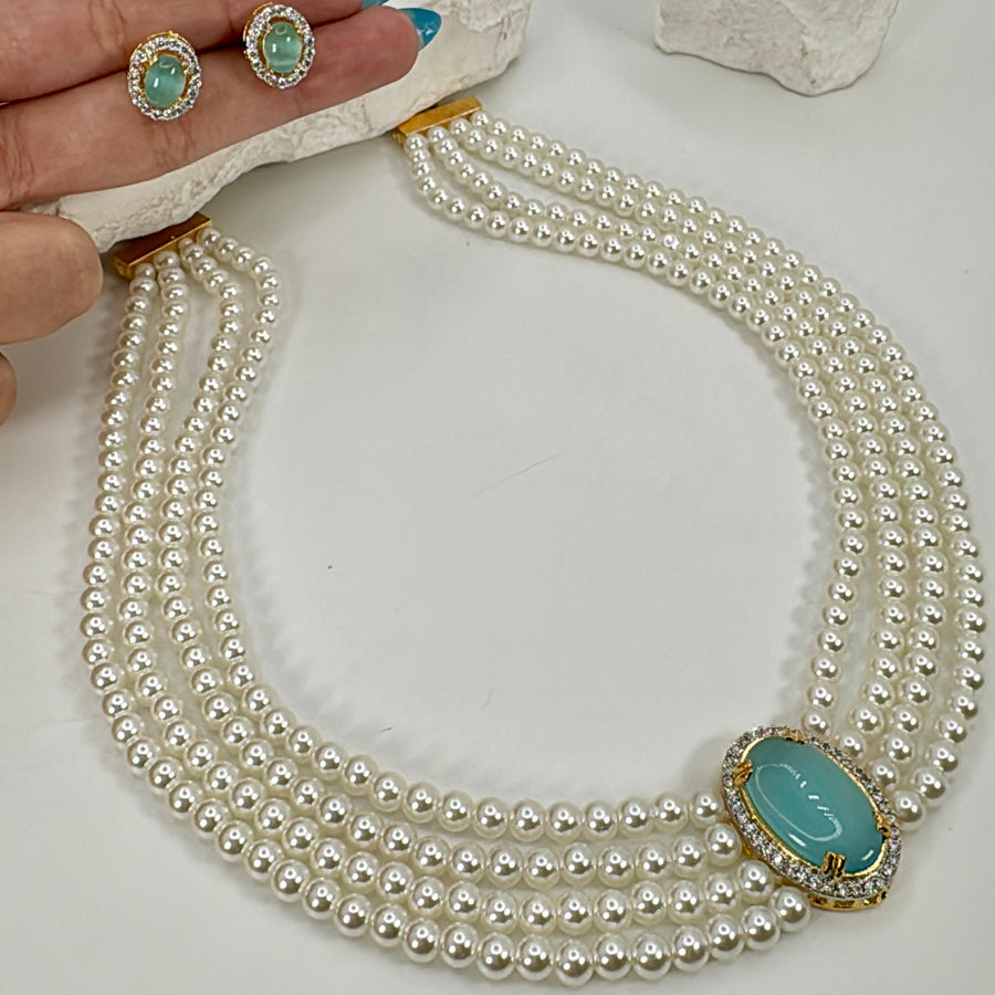 Blue Aqua Three Layers Fresh Water Pearls Set