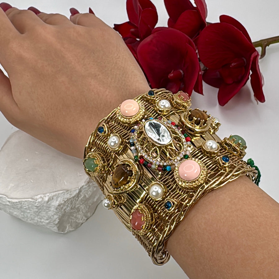 Multi Pink Marble Stone Silver Lookalike Gold Paachi Motifs Fusion Adjustable Cuff Bangle(One Size Fits All)