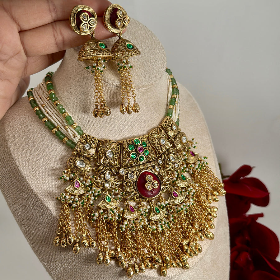 Ruby Mint Statement Antique Gold Heritage Necklace Set