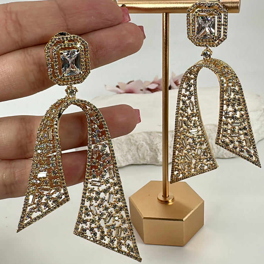 Clear Gold American Diamonds Cubic Zirconia Lightweight Statement Earrings