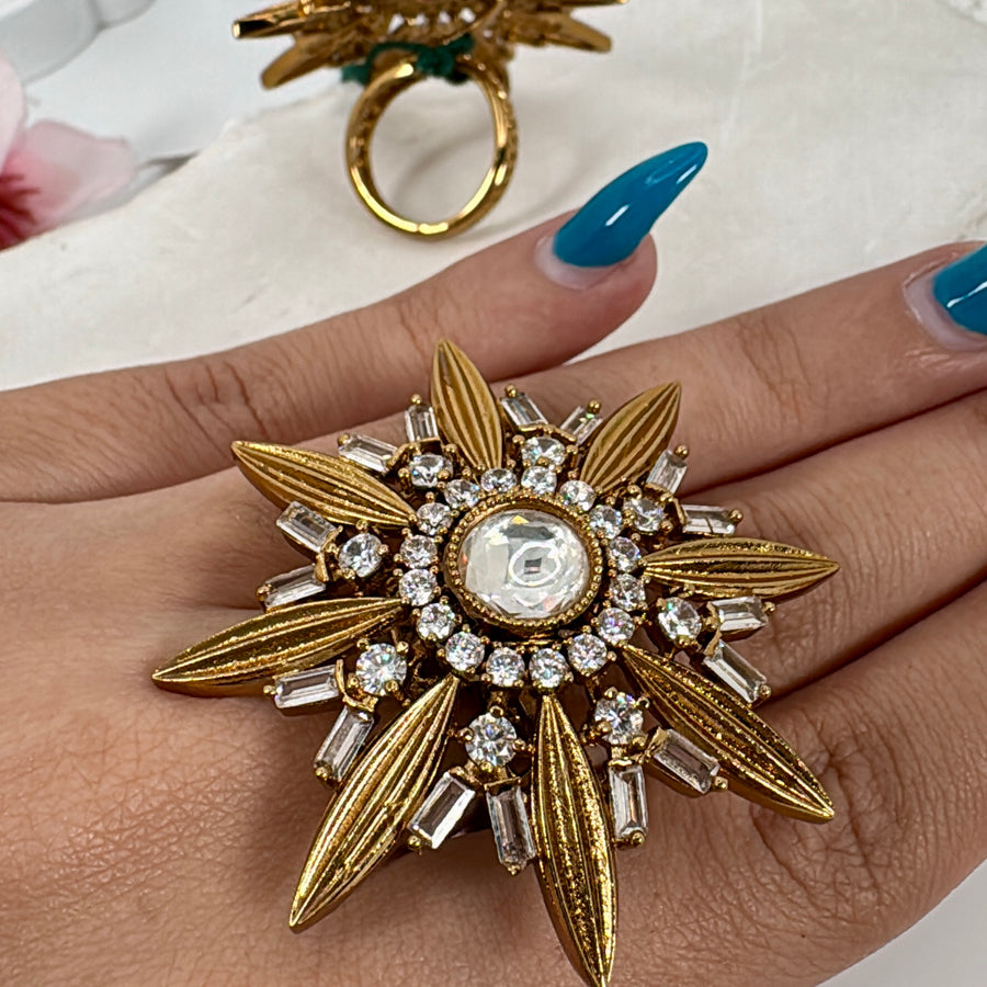 Clear Antique Gold Statement Adjustable Finger Ring