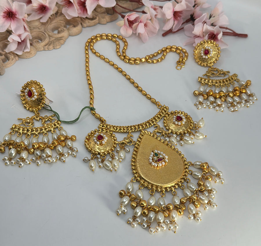 Ruby & Gold with Paachi Motifs Long Silver Lookalike Necklace Set