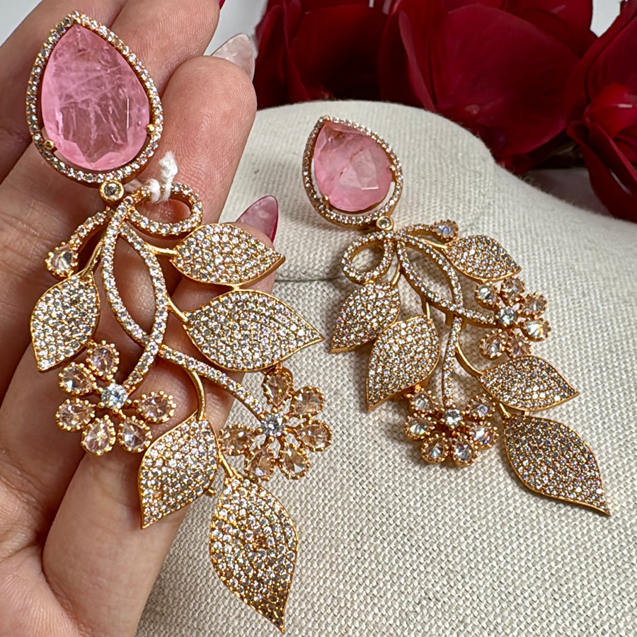 Pink Doublet Moissanite Statement Earrings ( Length Approx. 3.5 inches)
