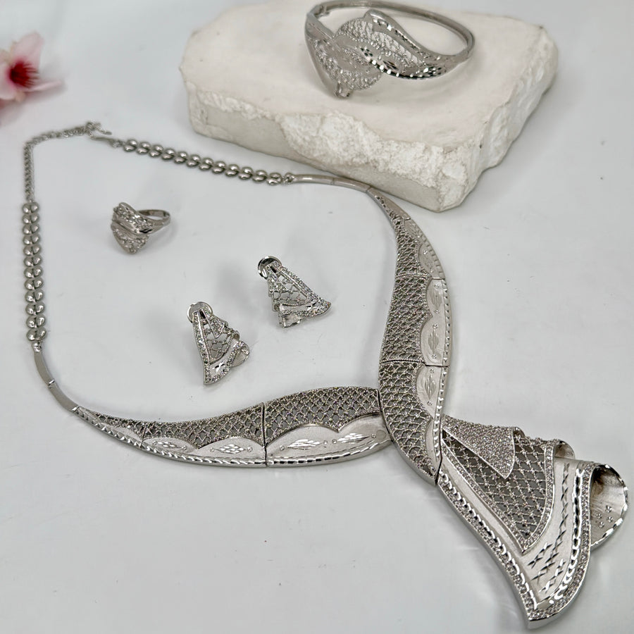 Clear American Diamonds Lightweight Cubic Zirconia Combo Necklace Set With Adjustable Finger Ring & Openable Bracelet