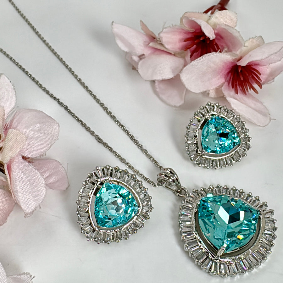 Turquoise Swarovski Crystals American Diamonds CZ Pendant Necklace Set
