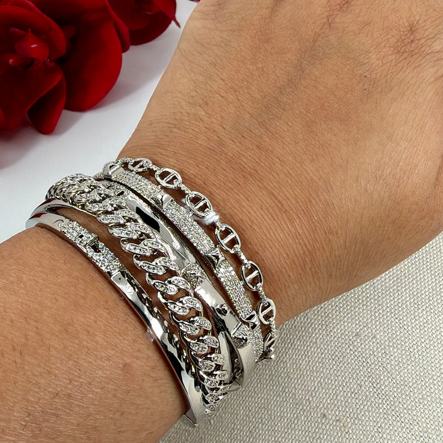 Clear Multi Layer Cubic Zirconia Italian Cuff Bangle(One Size Fits All)
