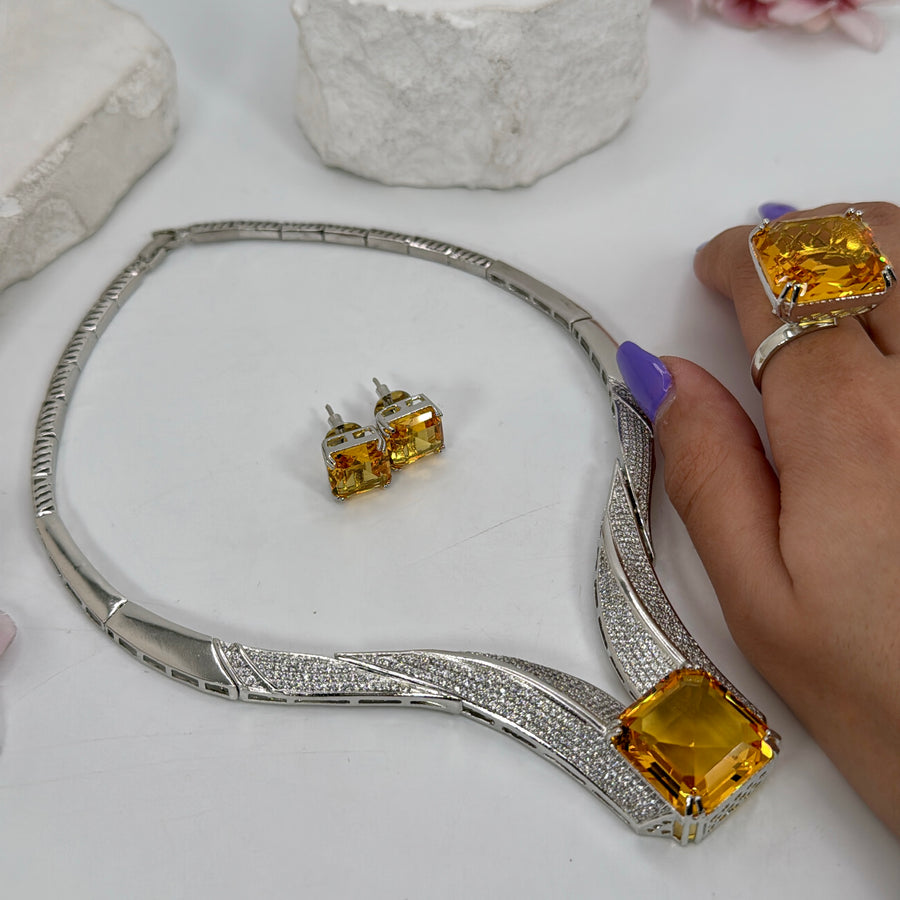 Yellow Cubic Zirconia American Diamonds Combo Necklace Set With Adjustable Finger Ring