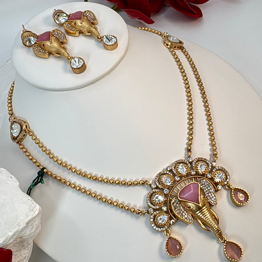 Pink Moissanite Ganesha Necklace Set