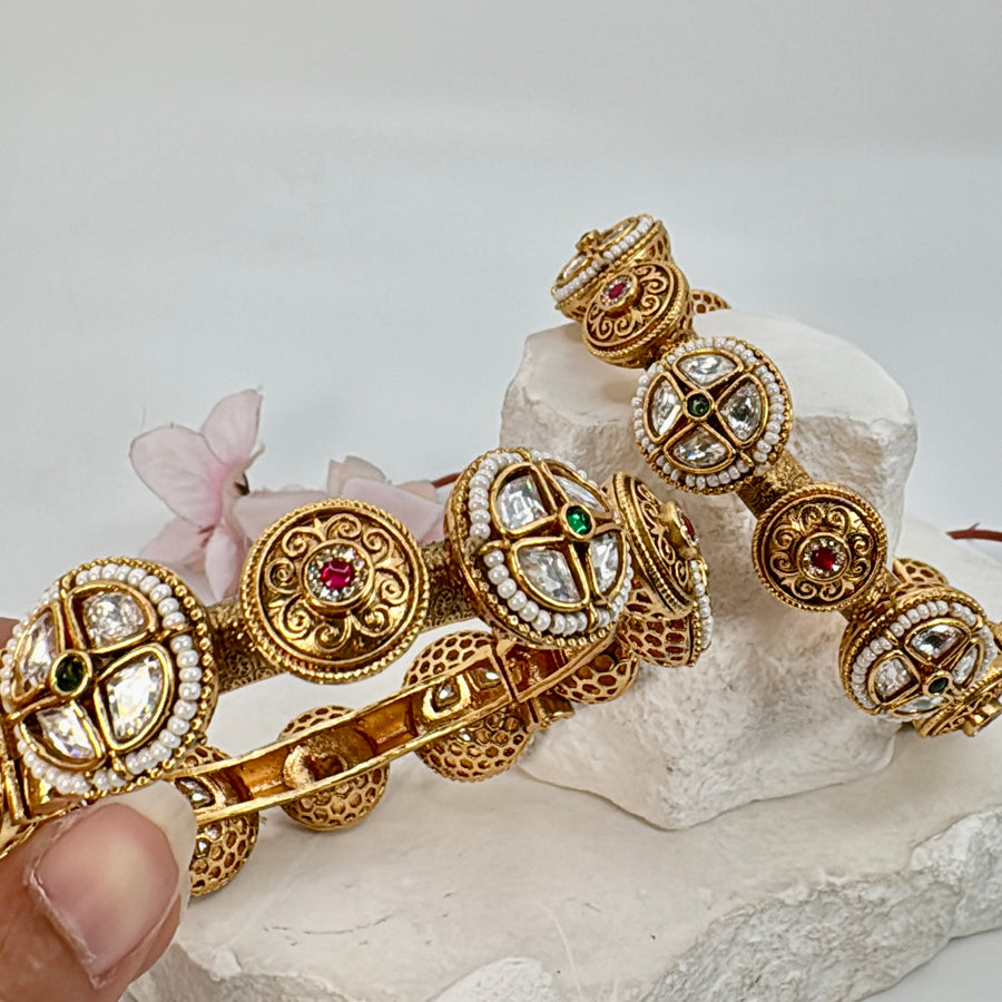 Multi Antique Gold Openable Pacheli Bangles Pair (Size 2.4)