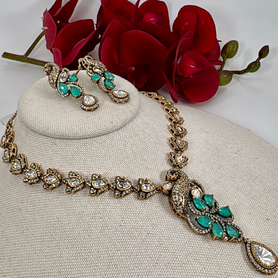 Turquoise Doublet Dainty Peacock Moissanite Necklace Set