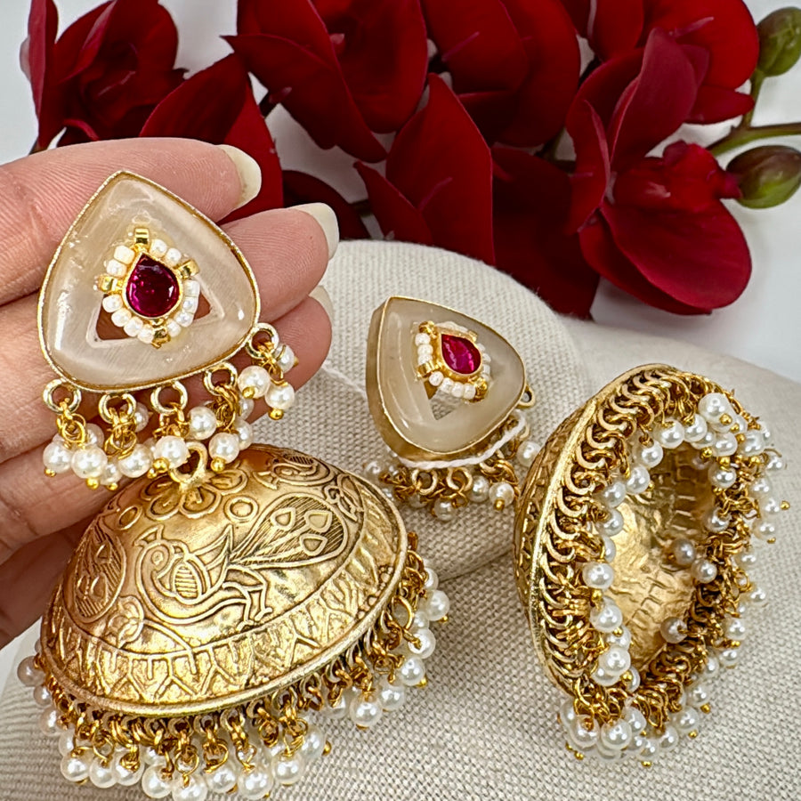 White Silver Lookalike Gold Jhumka Earrings