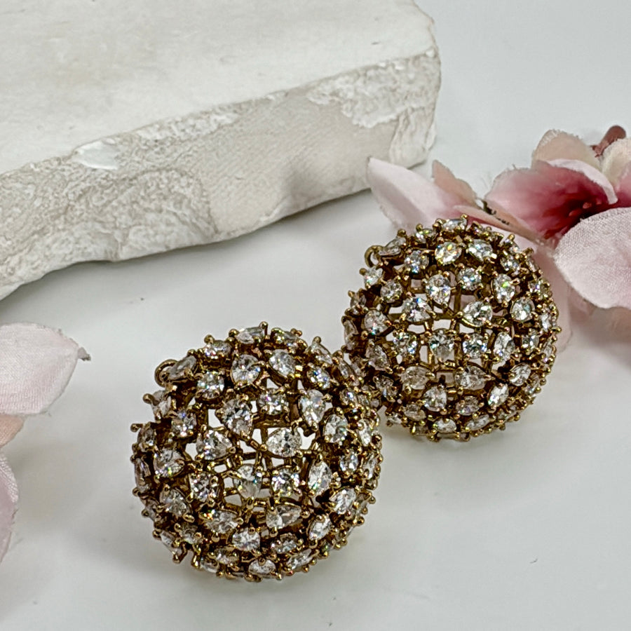 Clear Antique Gold Stone Stud Earrings