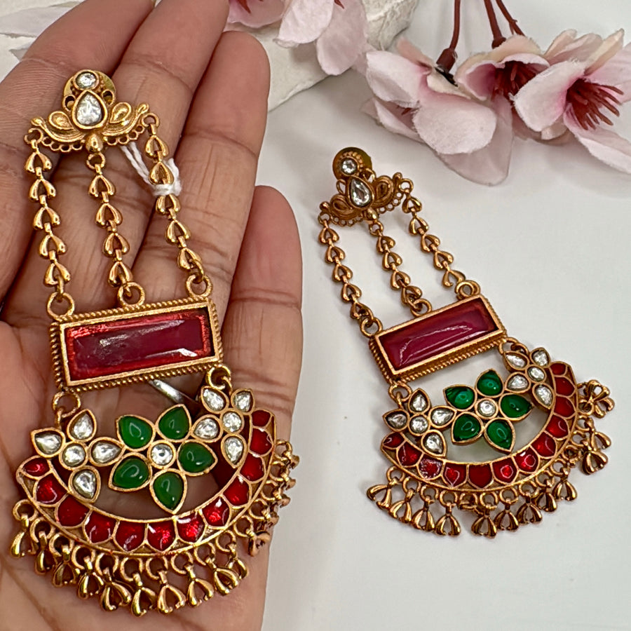Ruby Green Jadau Apala Inspired Antique Gold Chand Bali Earrings