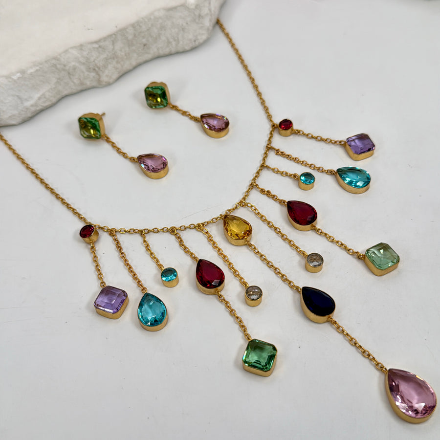 Pink Green Glass Stone Necklace Set
