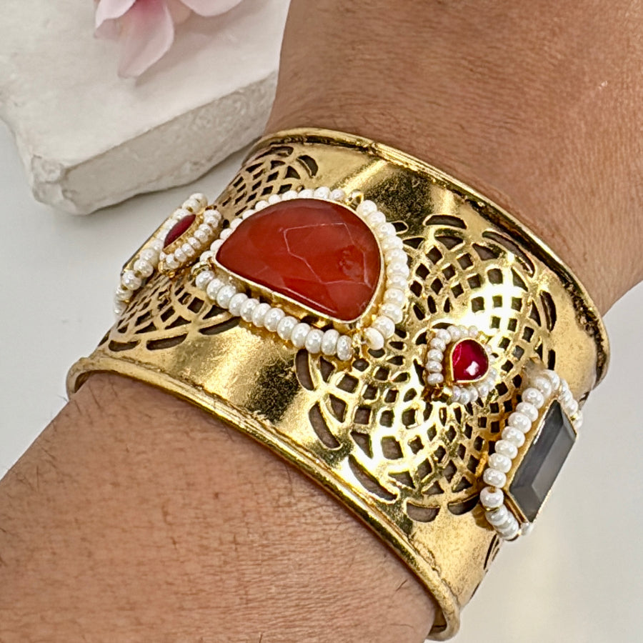 Coral Red Silver Lookalike Gold Cuff Bangle