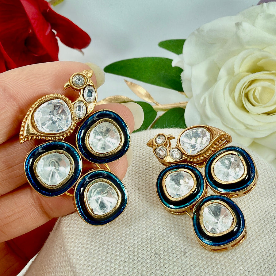 Blue Meenakari Enamel Moissanite Peacock Stud Earrings