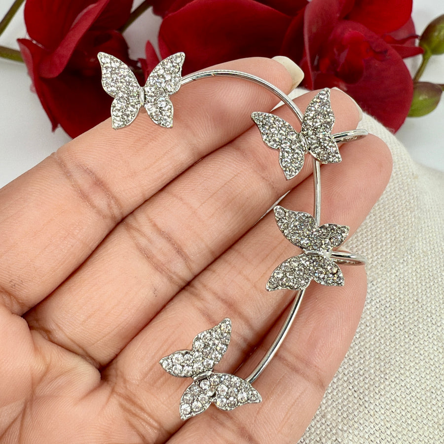 Clear Silver Cubic Zirconia Butterfly Cuff Earrings