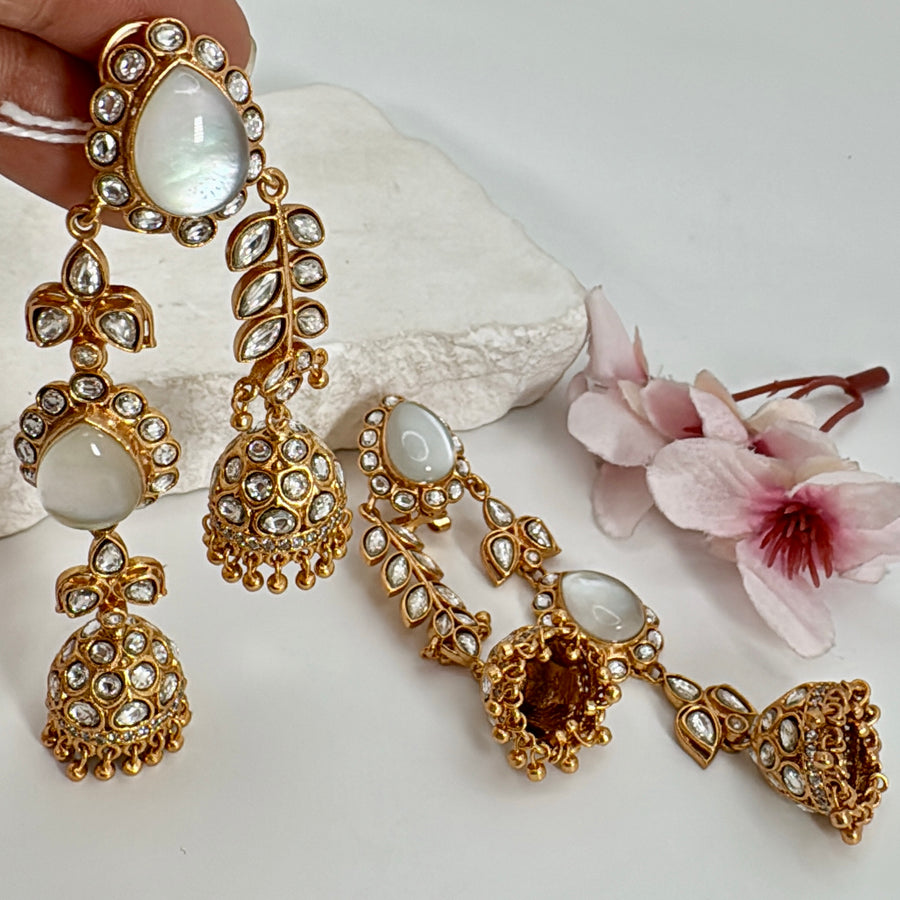White MOP Moissanite Double Jhumka Earrings