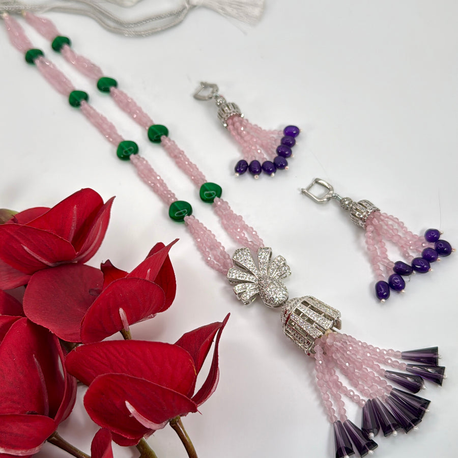 Pink Multi Cubic Zirconia AAA Cut Long Necklace Set