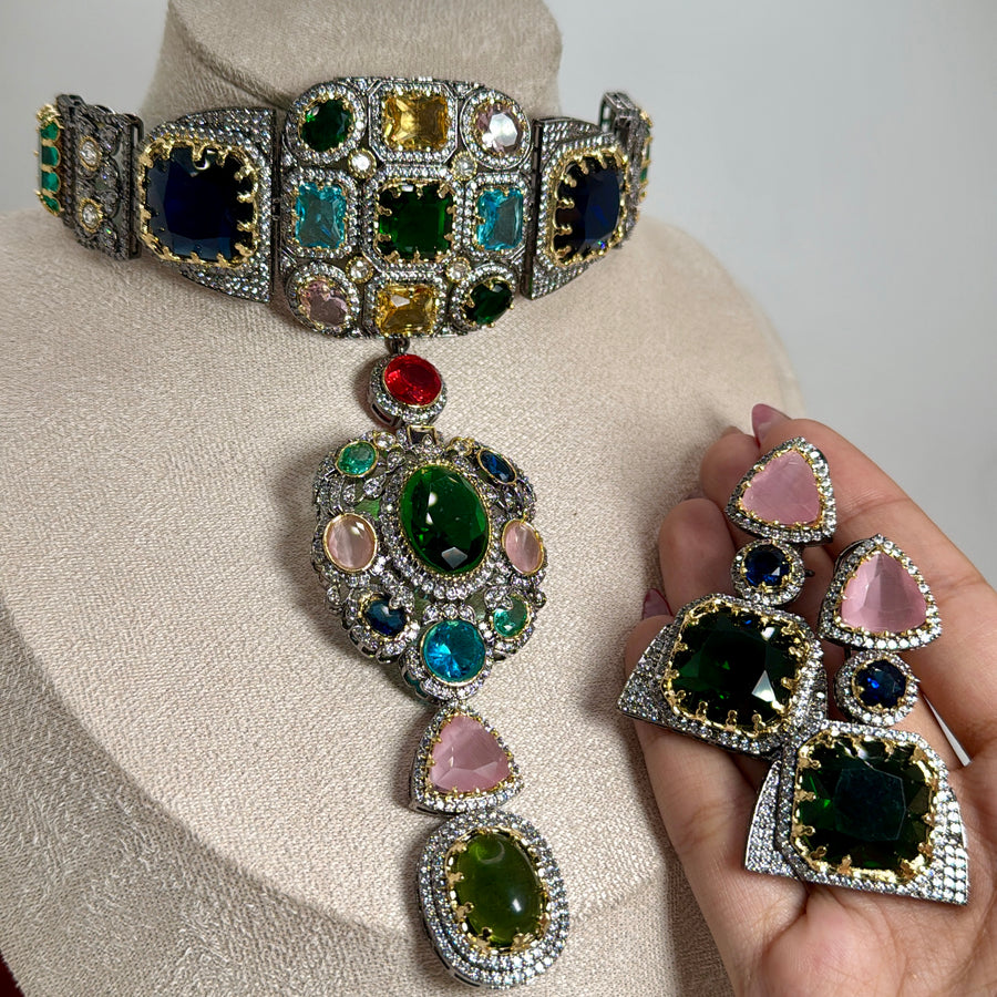Multi Cubic Zirconia Sabya Inspired Choker NecklaceSet