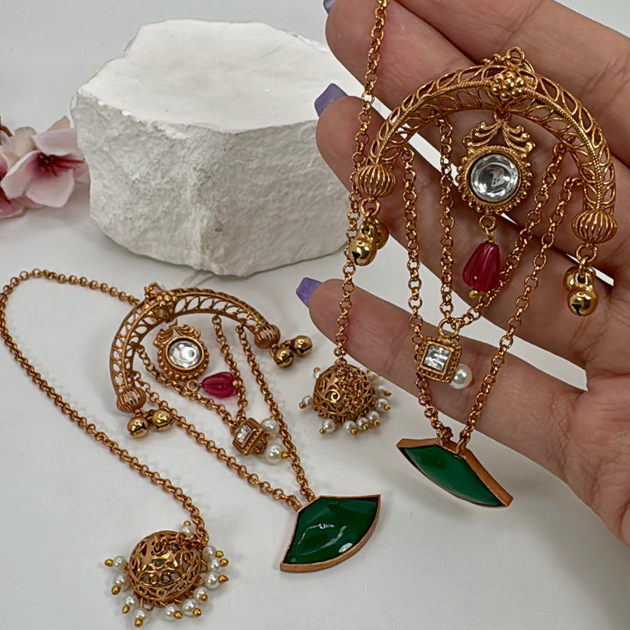 Green Multi Apala Inspired Antique Gold Kashmiri Style Earrings