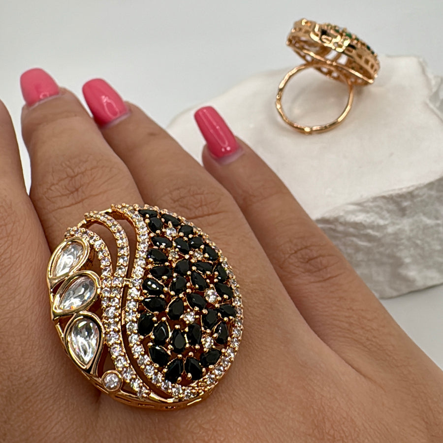 Black Invisible Setting Polki Kundan Adjustable Finger Ring