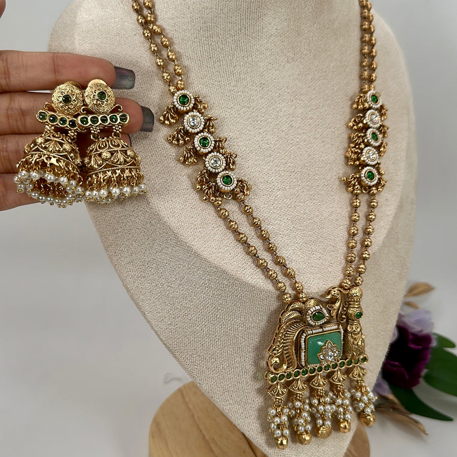 Mint Antique Gold Rajwadi Long Necklace Set