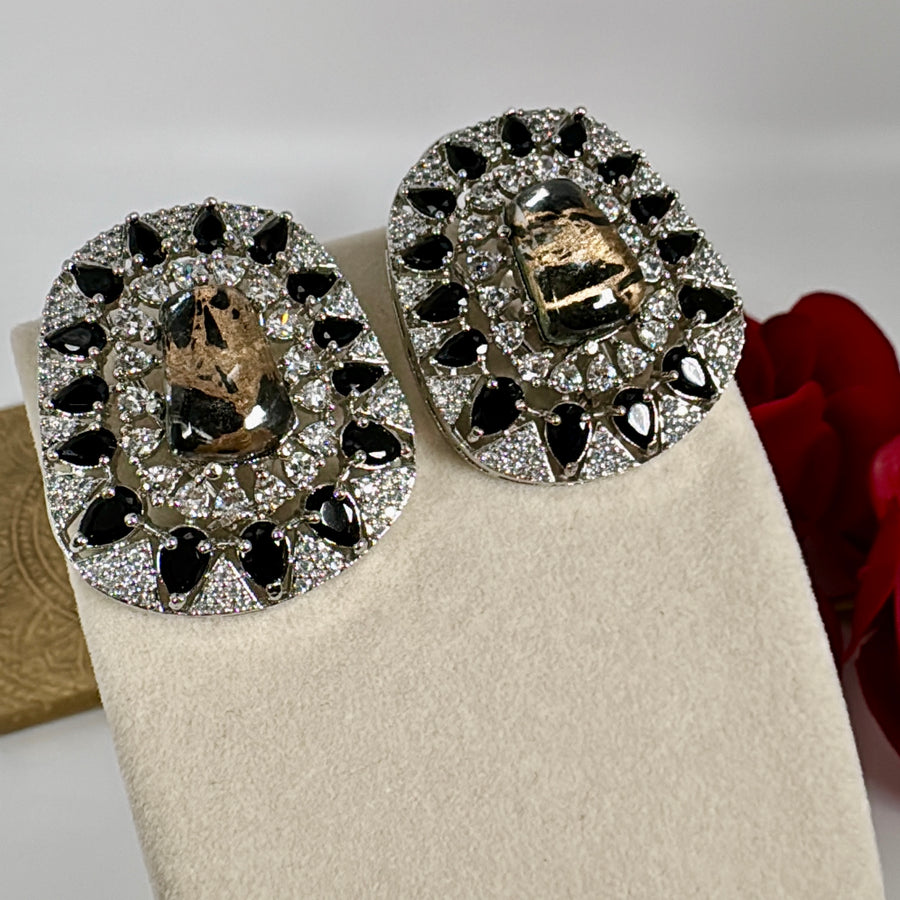 Black Marble Stone Cubic Zirconia Stud Earrings
