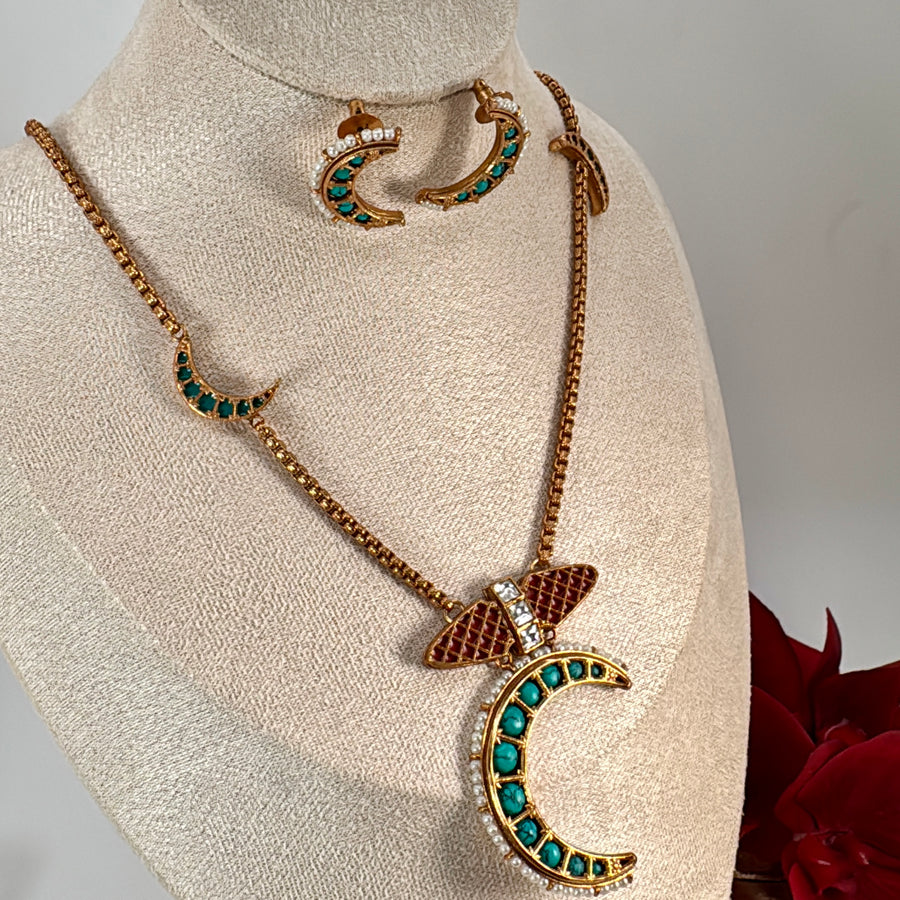 Coral Red & Turquoise Jadau Kundan Apala Inspired Crescent Long Necklace Set
