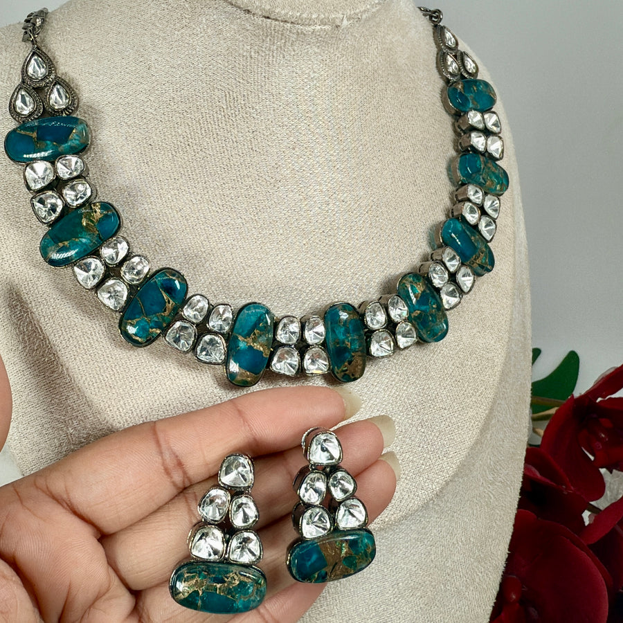 Turquoise Marble Doublet & Moissanite Victorian Polish Necklace Set