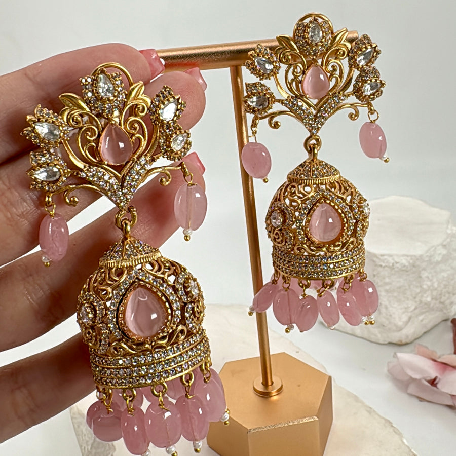 Pink Moissanite Jhumka Earrings